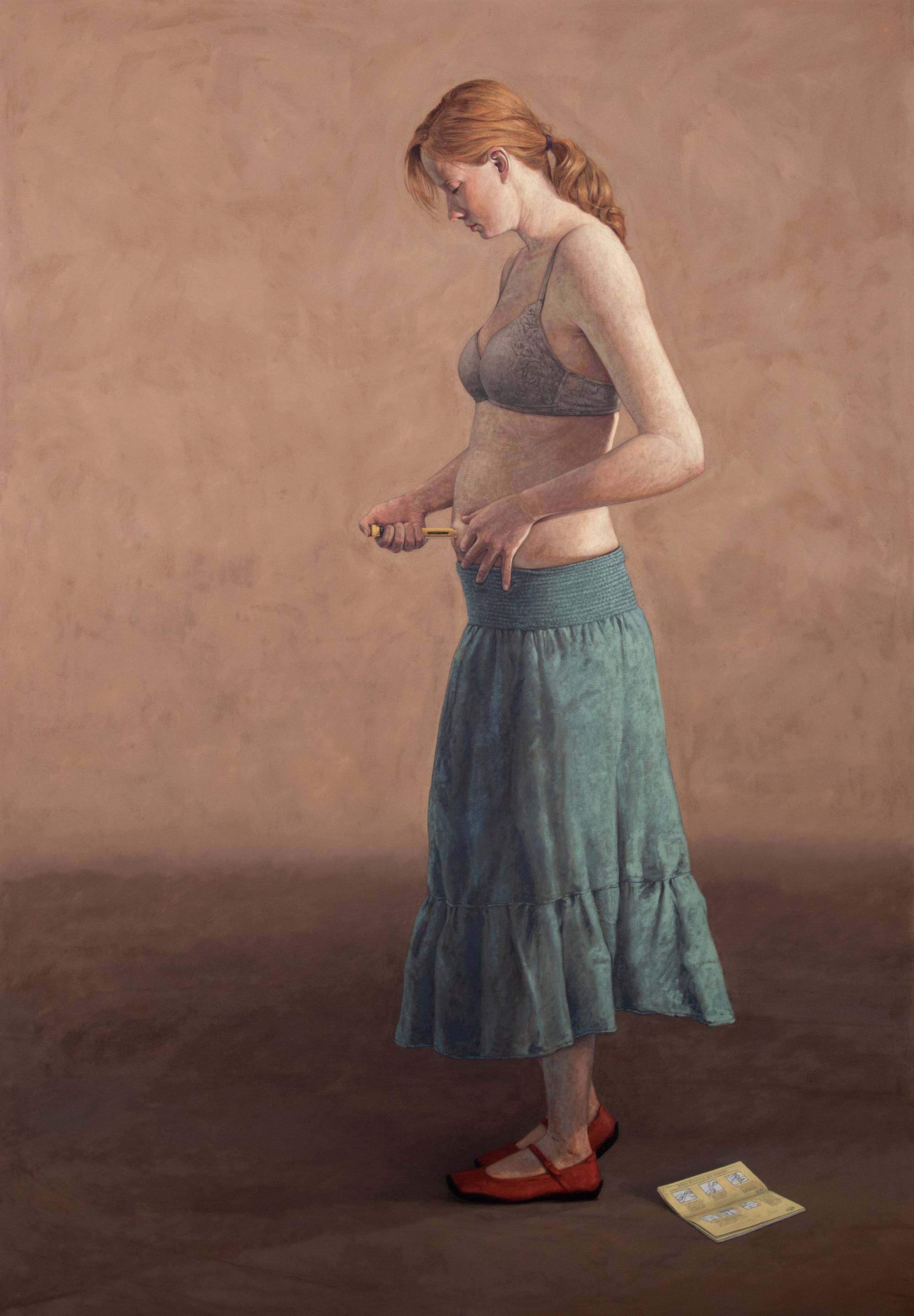 Painting of a woman injecting herself with a needle in the stomach.